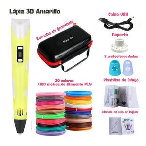 Lápiz 3D para Niños - Bolígrafo Amarillo de impresión 3D con 20 colores de filamentos + plantillas + estuche de viaje