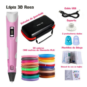 Lápiz 3D para Niños - Bolígrafo Rosa de impresión 3D con 20 colores de filamentos + plantillas + estuche de viaje